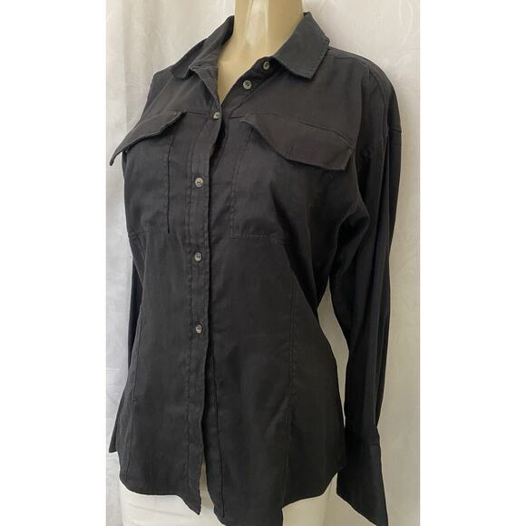 FRAME Arie Linen Blend Button Down Shirt Black Noir Long Sleeve Cutaway L - Picture 6 of 10